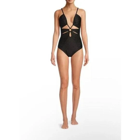 Time And Tru Women’s One Piece Swimsuit Cut Out Black/Gold 	 NWT Size L 12-14 - Picture 3 of 10